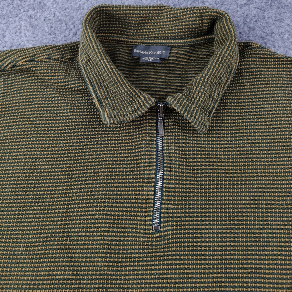 Banana Republic Mens XL Quarter Zip Pullover Waffle Knit Cotton Olive Striped